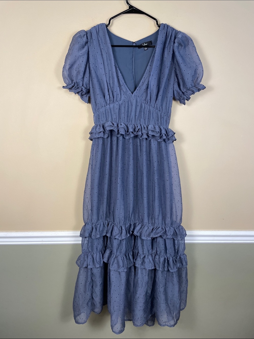 Lulus Women’s Cottagecore Know Your Heart Blue Polka Dot Ruffled Midi Dress